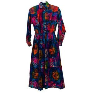Vtg 80's Panhandle Slim Dress Size 10 Midi Long‎ Sleeve Cotton Bright Modest USA